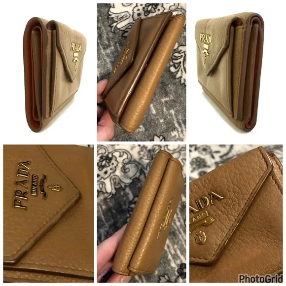 Prada AUTHENTIC Tan Leather Orange Interior Trifold Gold Logo Compact Wallet - Picture 9 of 16